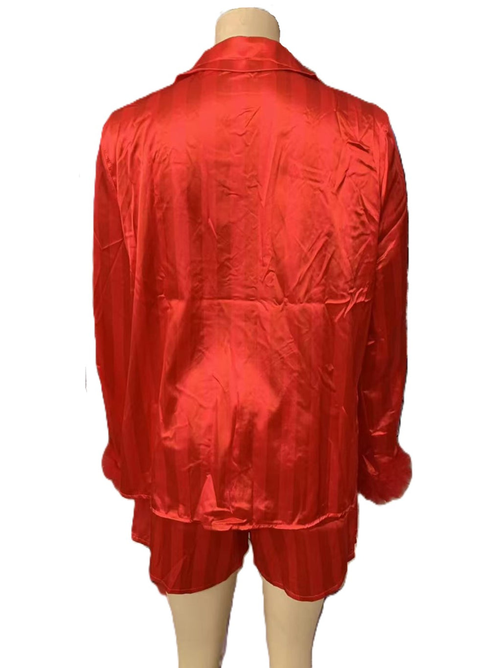 Feather Cuff Striped Satin Short Set - Red - 5