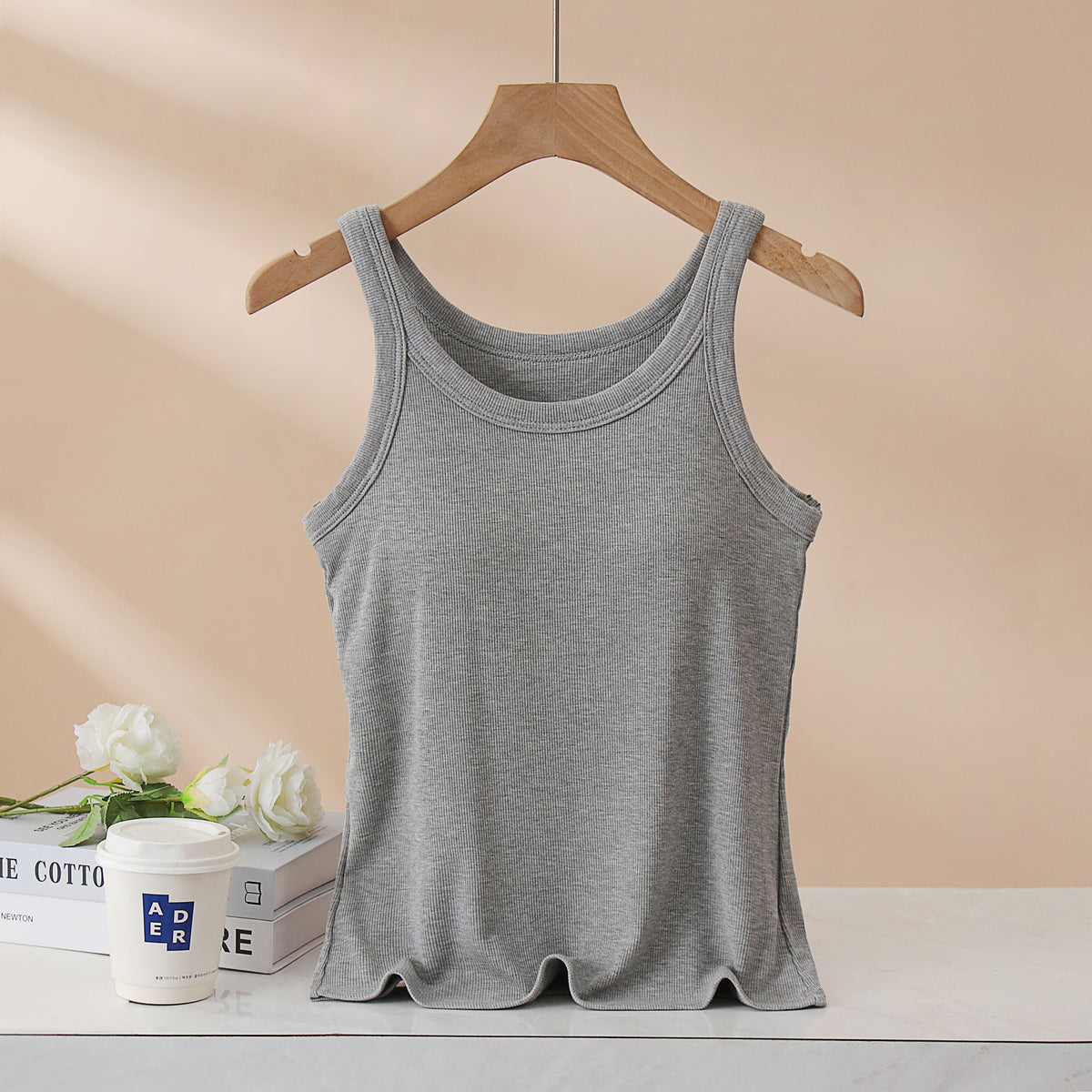 Ribbed Lettuce Hem Padded Tank Top - Ash
