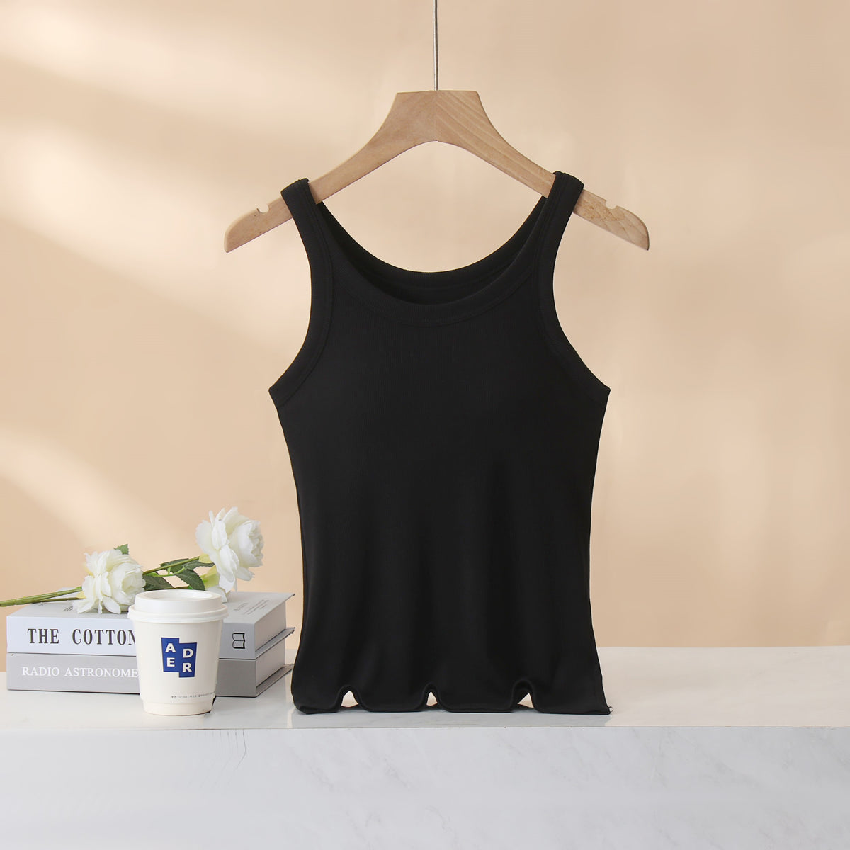 Ribbed Lettuce Hem Padded Tank Top - Black - 1