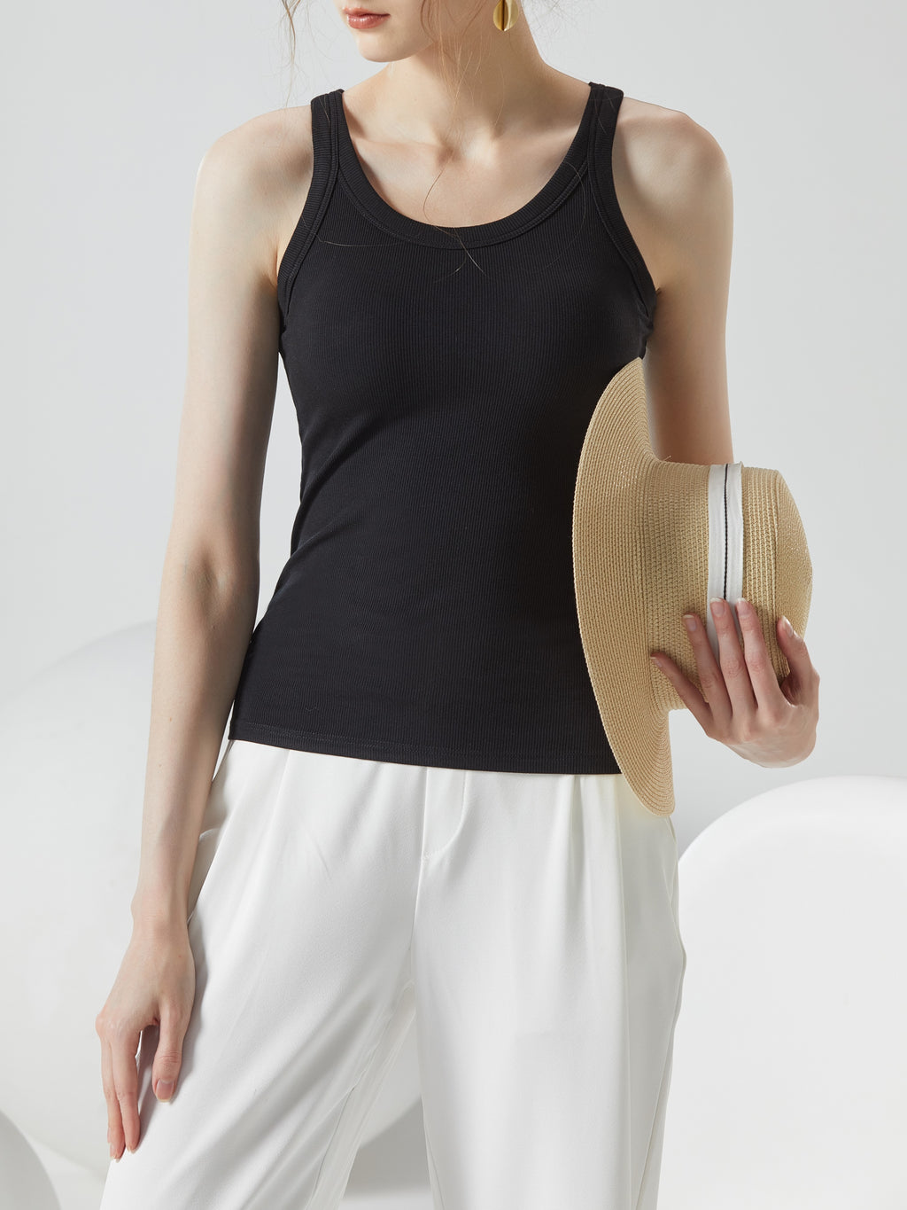 Ribbed Lettuce Hem Padded Tank Top - Black - 5