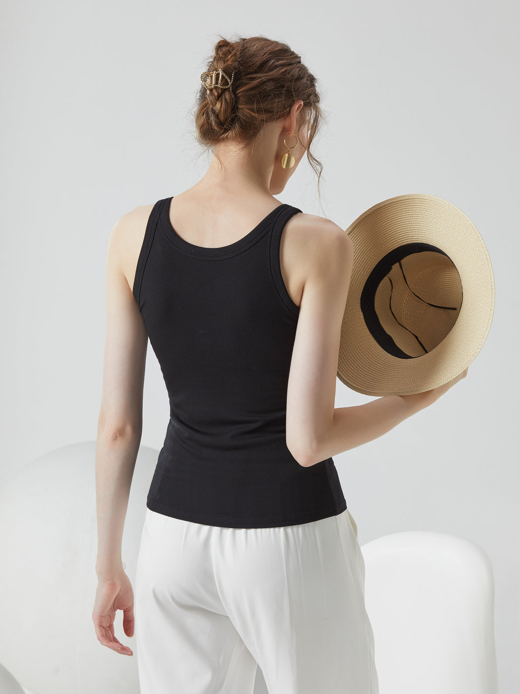 Ribbed Lettuce Hem Padded Tank Top - Black - 6