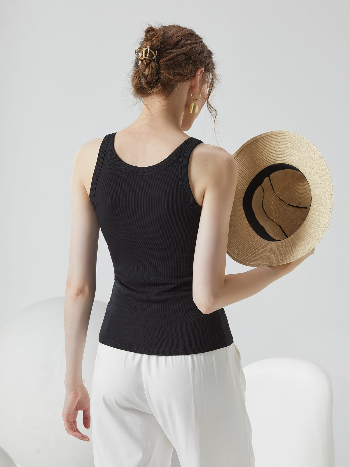 Ribbed Lettuce Hem Padded Tank Top - Black - 6