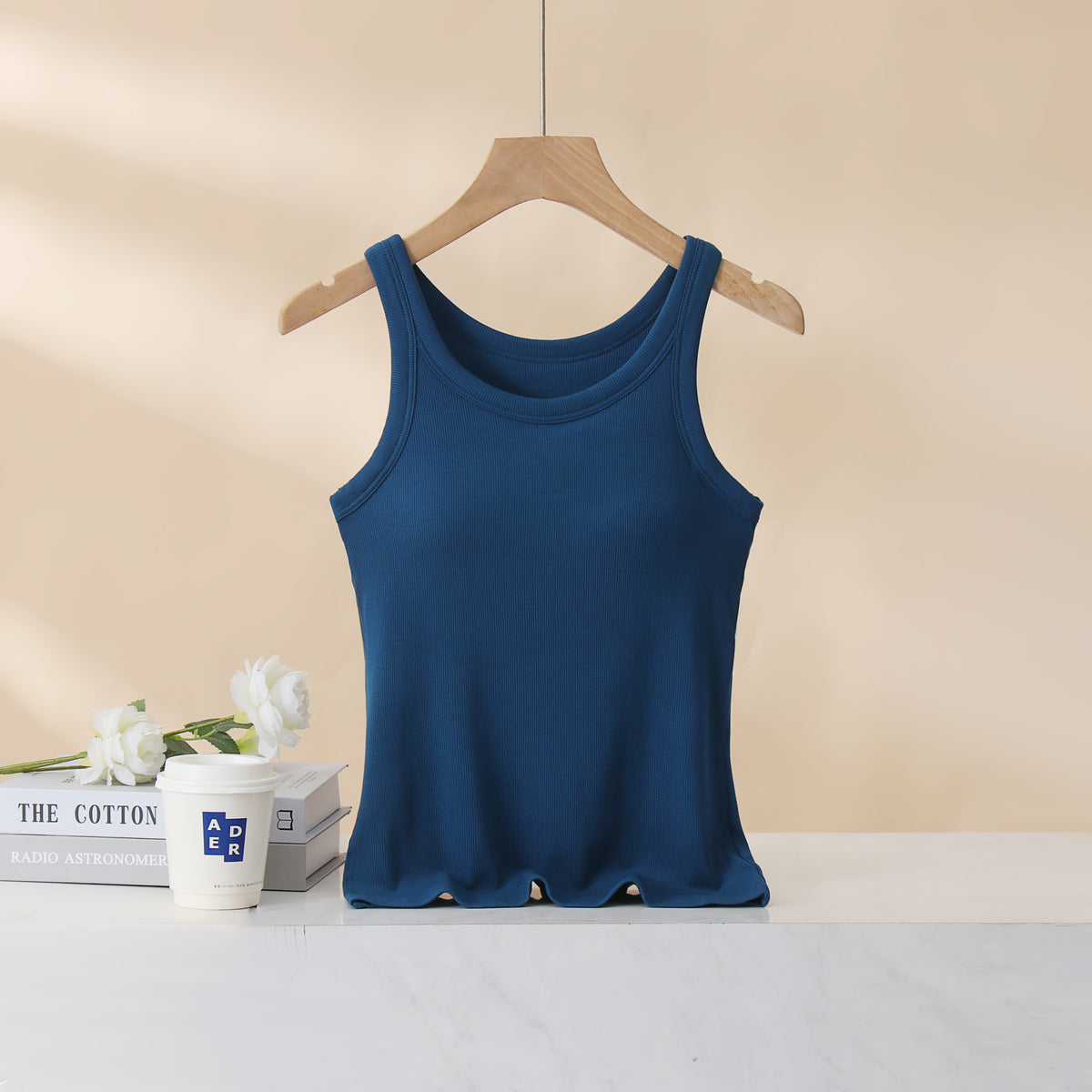Ribbed Lettuce Hem Padded Tank Top - Blue