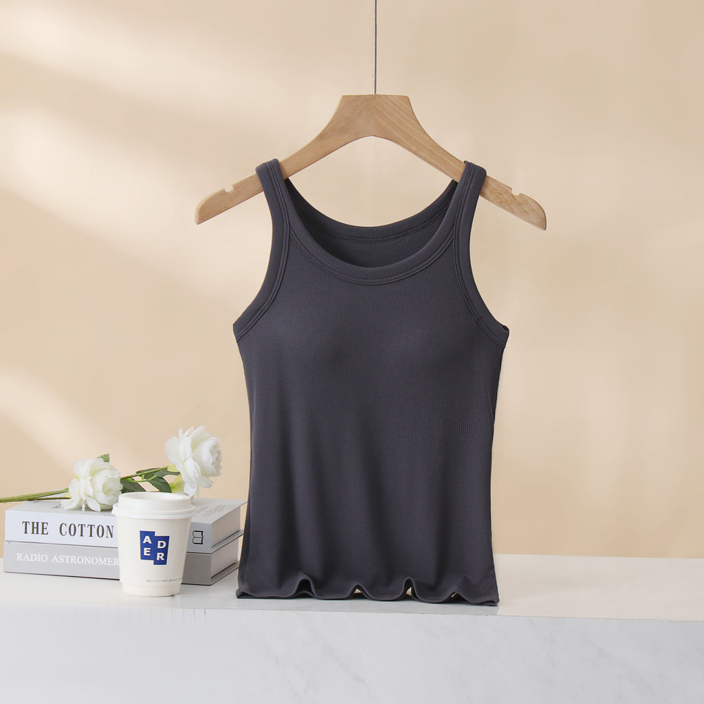 Ribbed Lettuce Hem Padded Tank Top - Gray