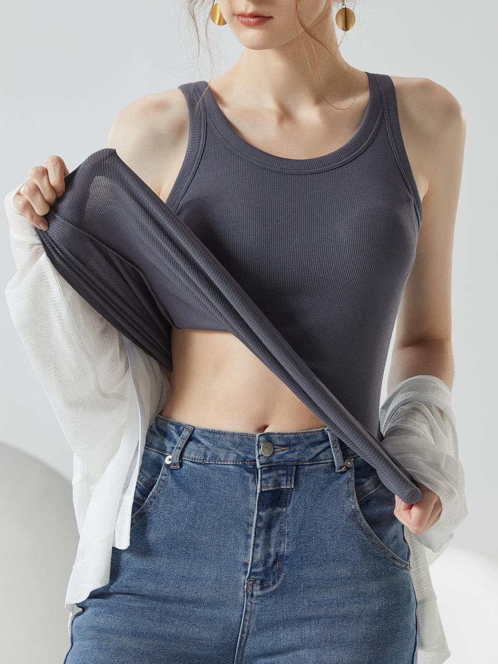 Ribbed Lettuce Hem Padded Tank Top - Gray - 4