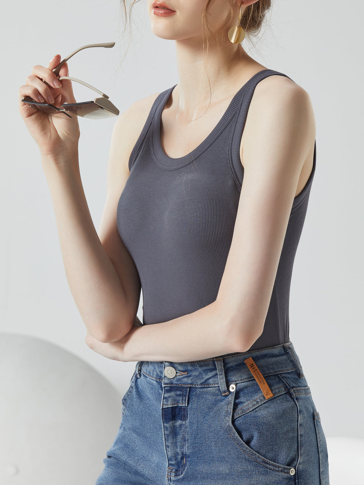 Ribbed Lettuce Hem Padded Tank Top - Gray - 6