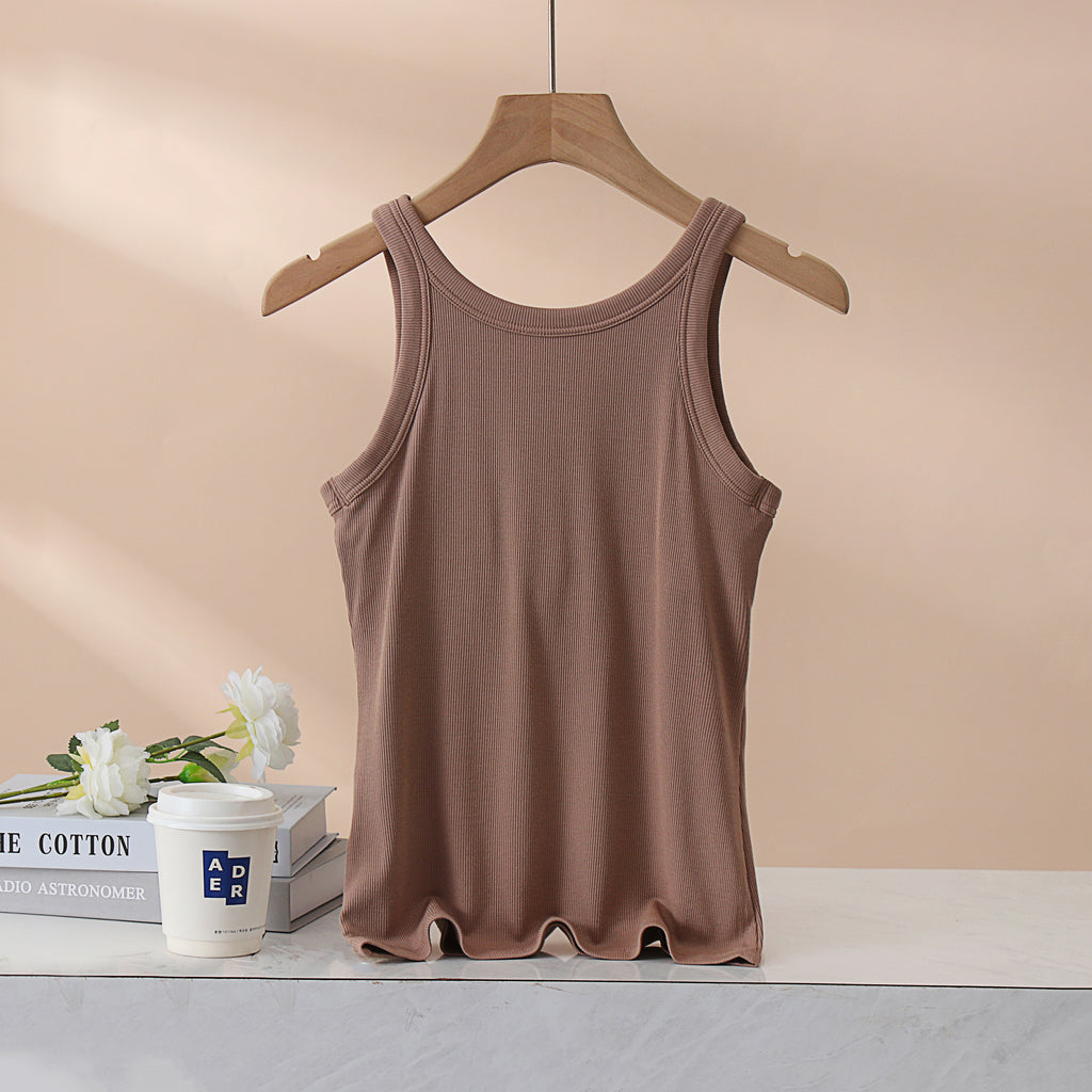 Ribbed Lettuce Hem Padded Tank Top - Khaki - 1