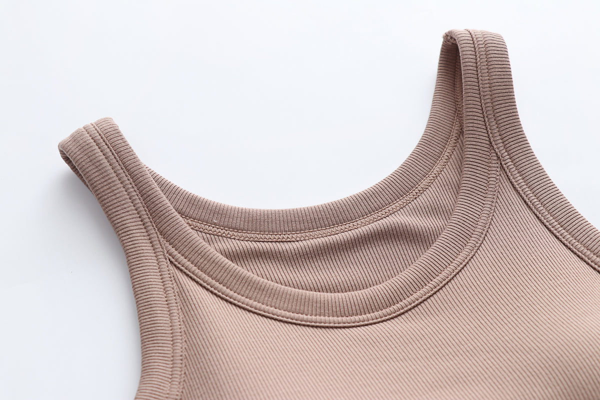 Ribbed Lettuce Hem Padded Tank Top - Khaki - 2