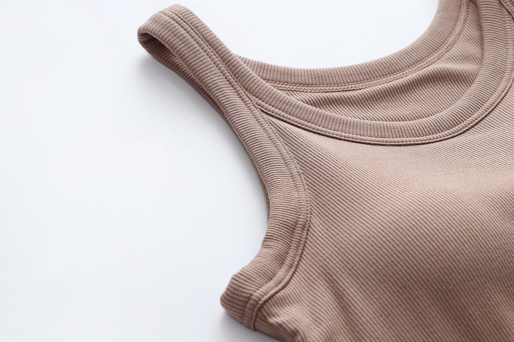 Ribbed Lettuce Hem Padded Tank Top - Khaki - 4
