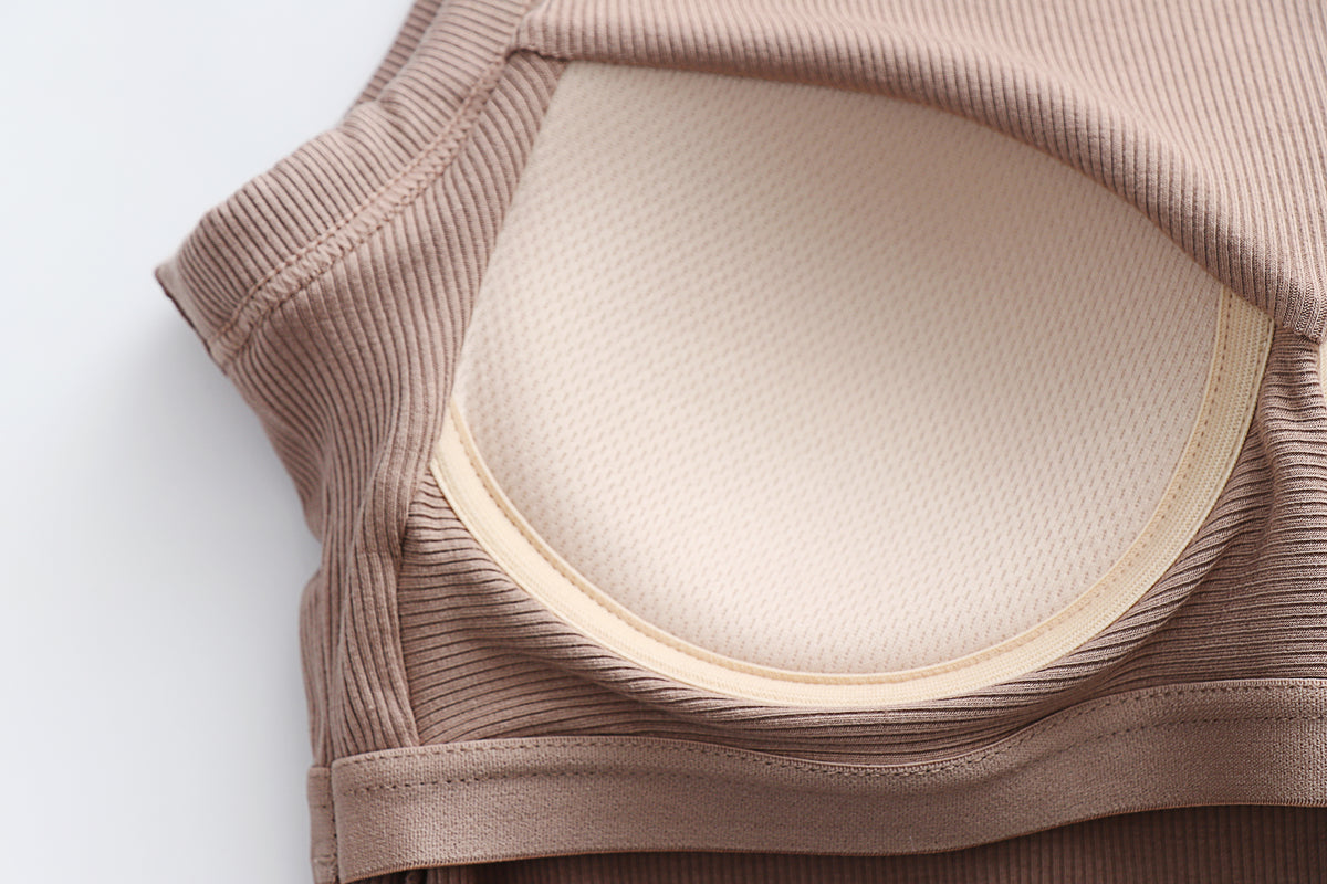 Ribbed Lettuce Hem Padded Tank Top - Khaki - 8