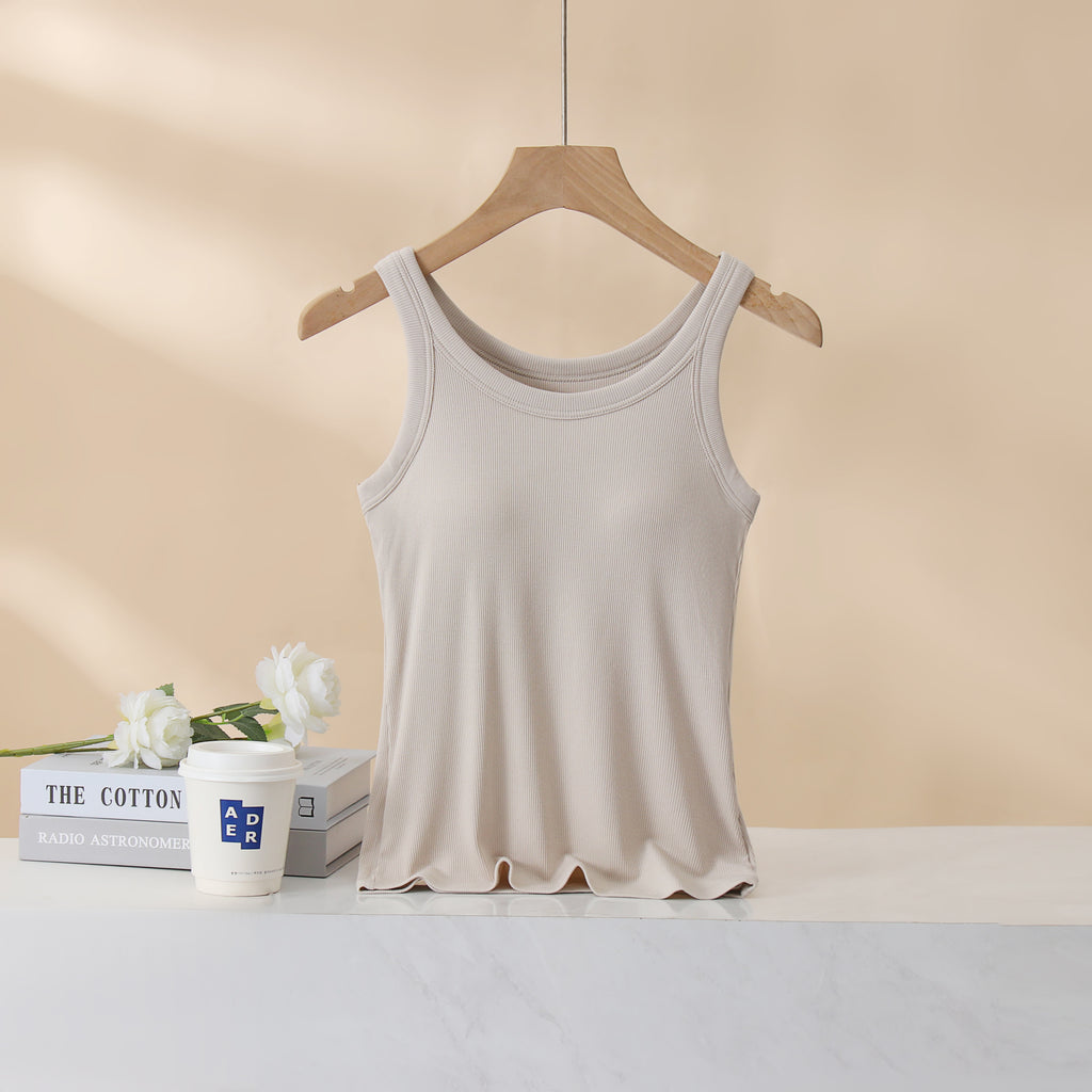 Ribbed Lettuce Hem Padded Tank Top - Tan