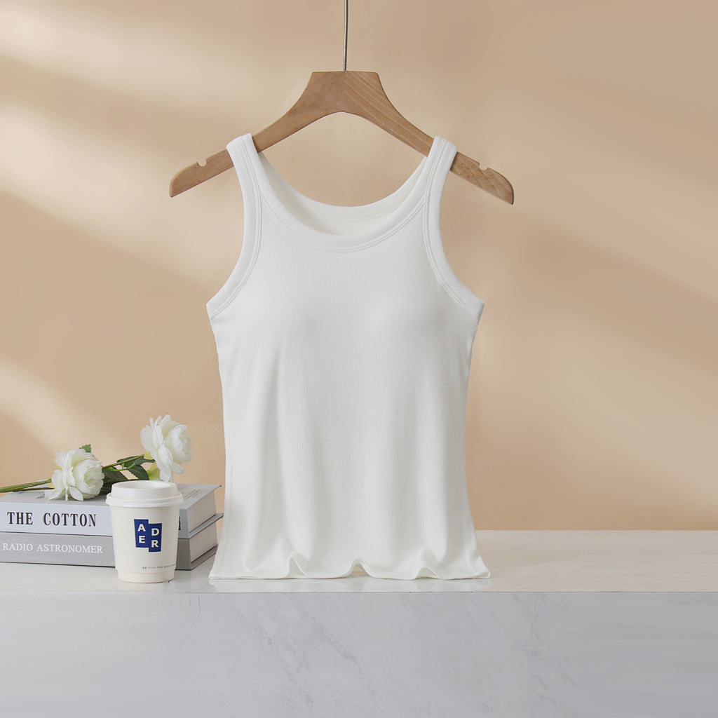 Ribbed Lettuce Hem Padded Tank Top - White