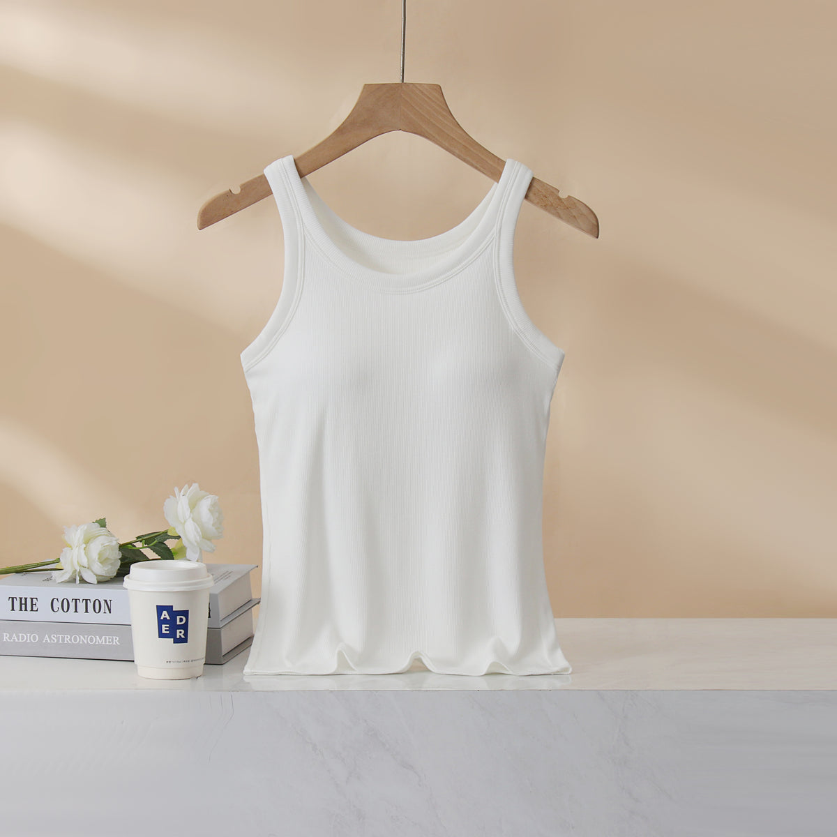 Ribbed Lettuce Hem Padded Tank Top - White