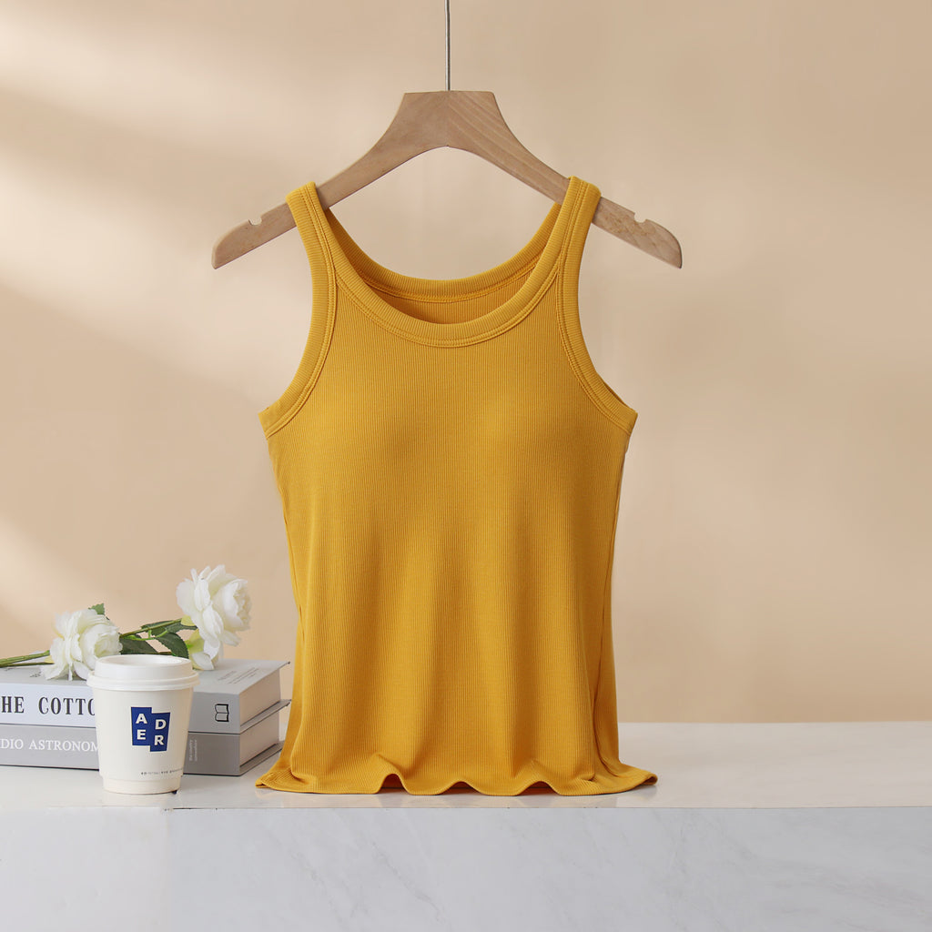 Ribbed Lettuce Hem Padded Tank Top - Yellow