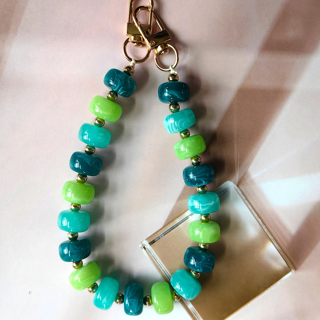 Chunky Bead Wristlet Lanyard for Phone and Keys - BlueGreen