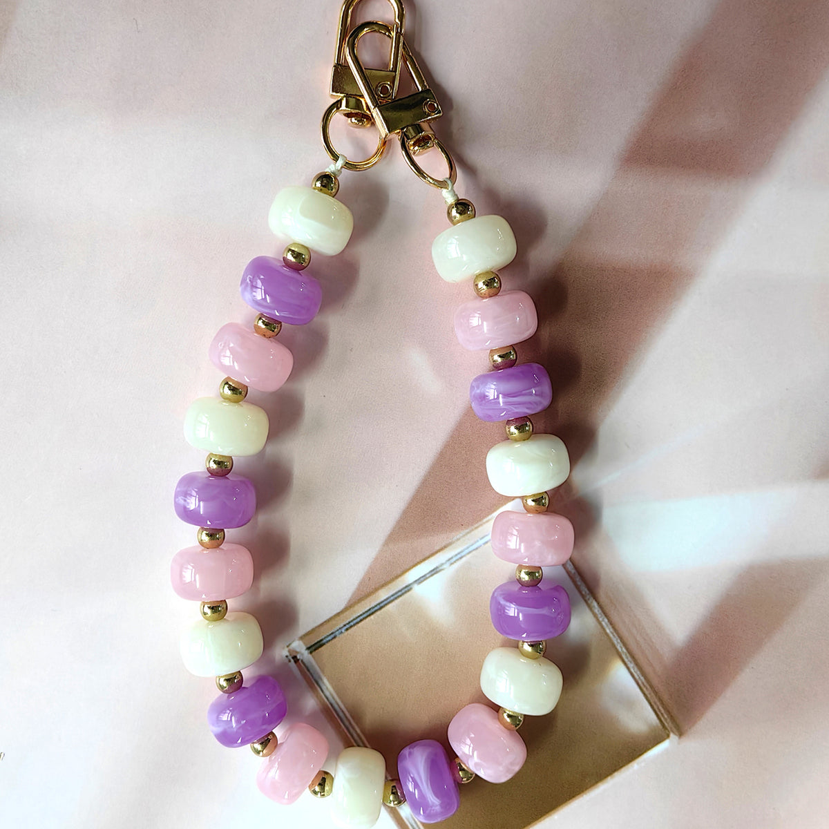 Chunky Bead Wristlet Lanyard for Phone and Keys - PinkWhite