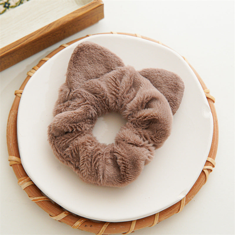Fuzzy Cat Ear Plush Scrunchie - Brown