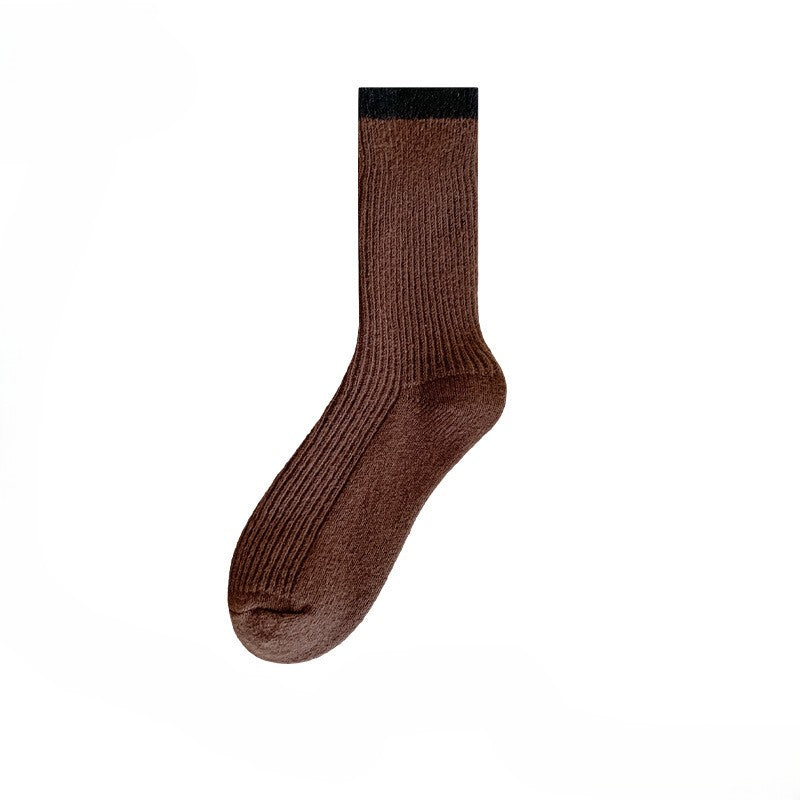 Ribbed Crew Socks With Contrast Cuff - Coffee