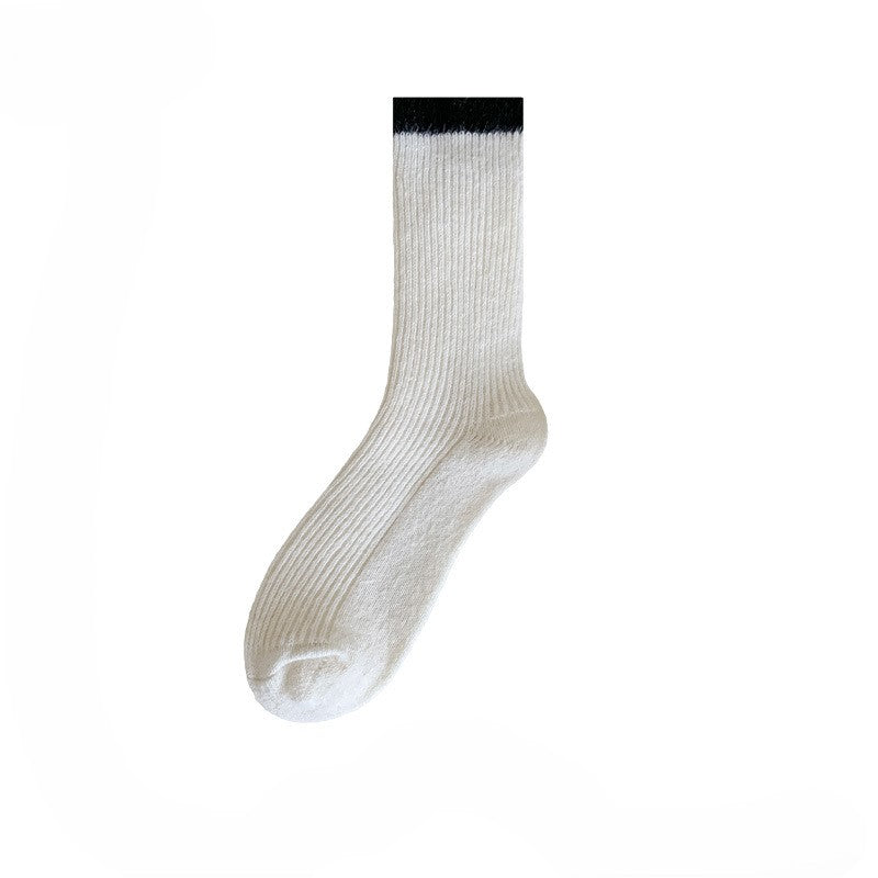 Ribbed Crew Socks With Contrast Cuff - White