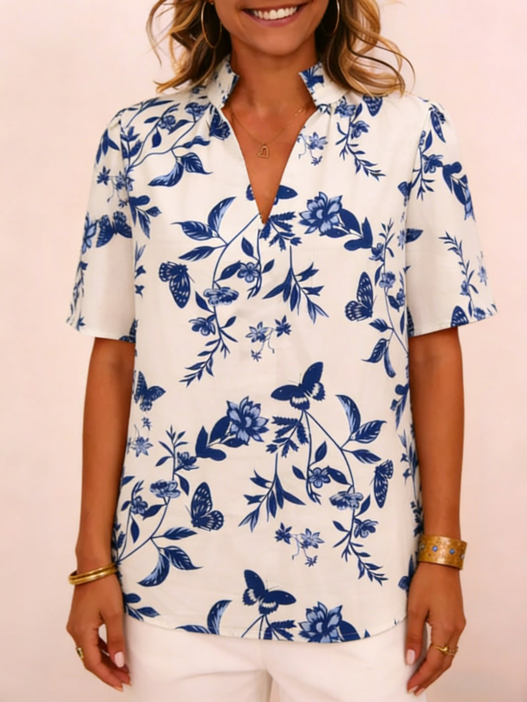 Butterfly Floral Print Split Neck Blouse - White - 2