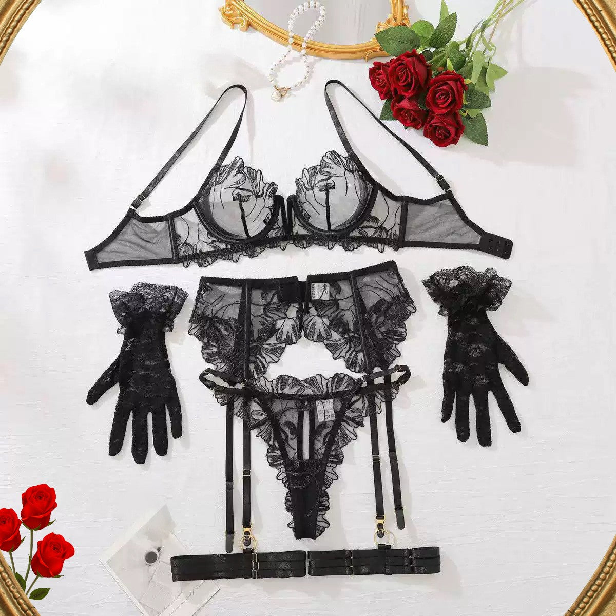 Embroidered Mesh Underwire Garter Set With Gloves - Black