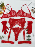 Embroidered Mesh Underwire Garter Set With Gloves - Red