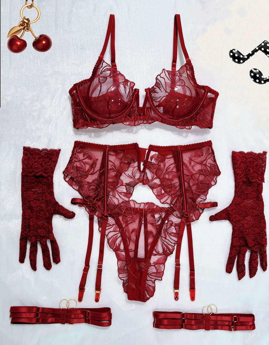 Embroidered Mesh Underwire Garter Set With Gloves