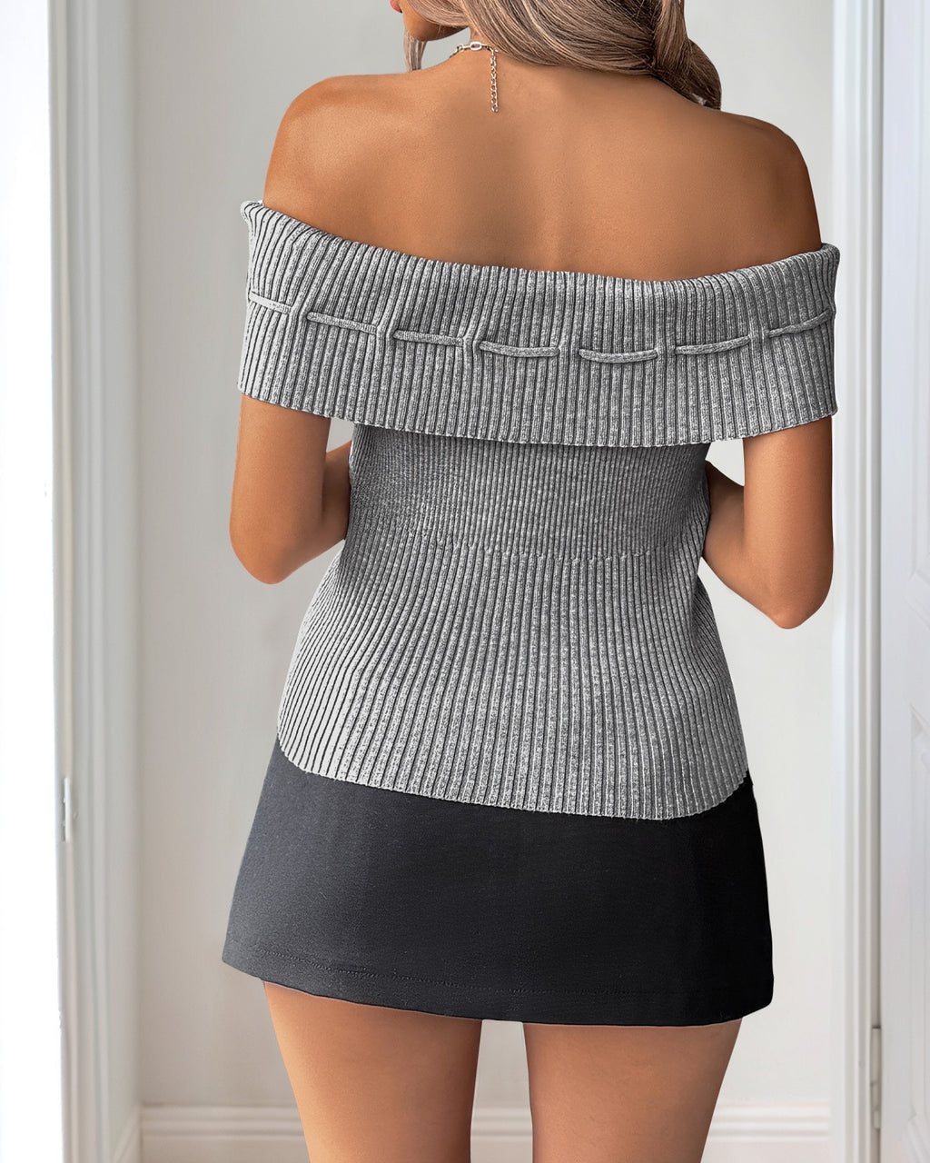 Off Shoulder Ribbed Knit Bow Top - Gray - 3