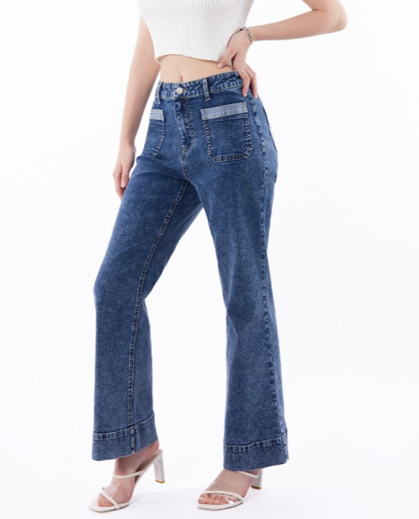 High Waist Patch Pocket Wide Leg Jeans - Blue