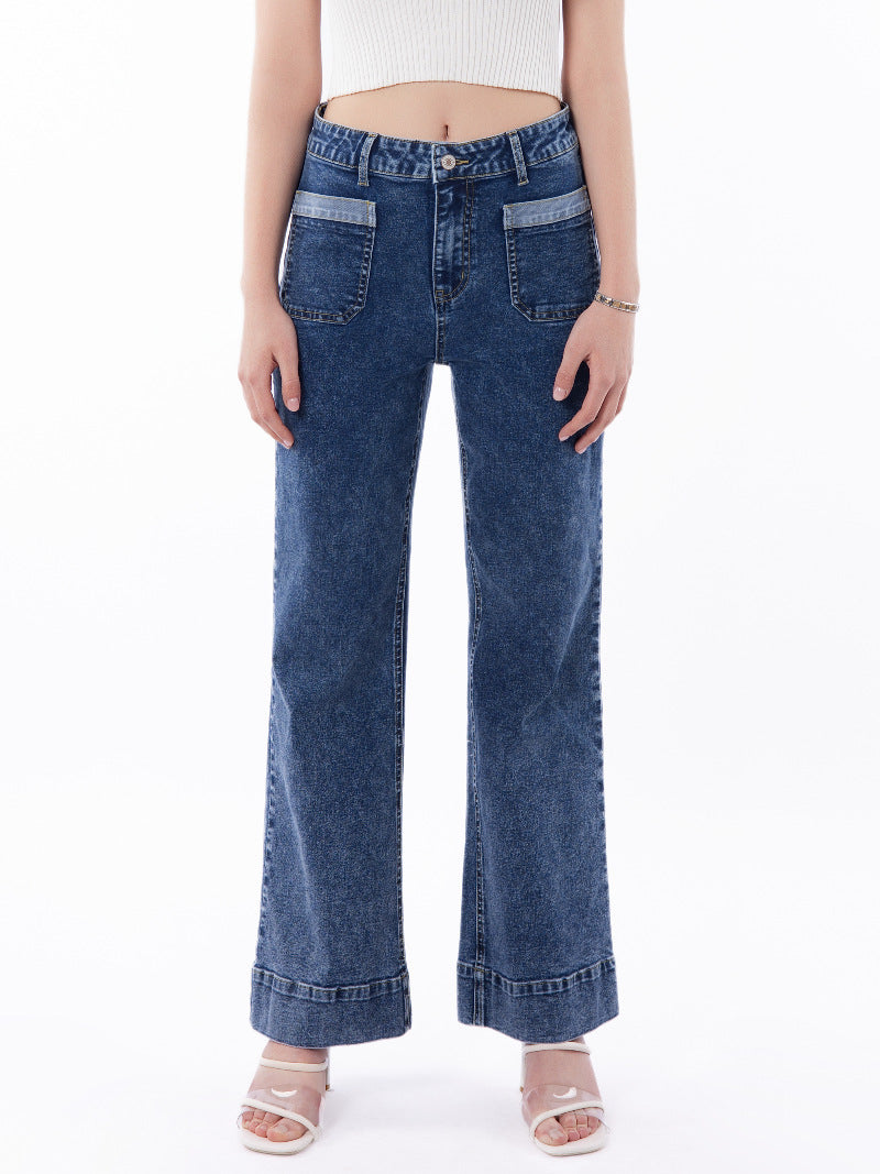 High Waist Patch Pocket Wide Leg Jeans - Blue - 1