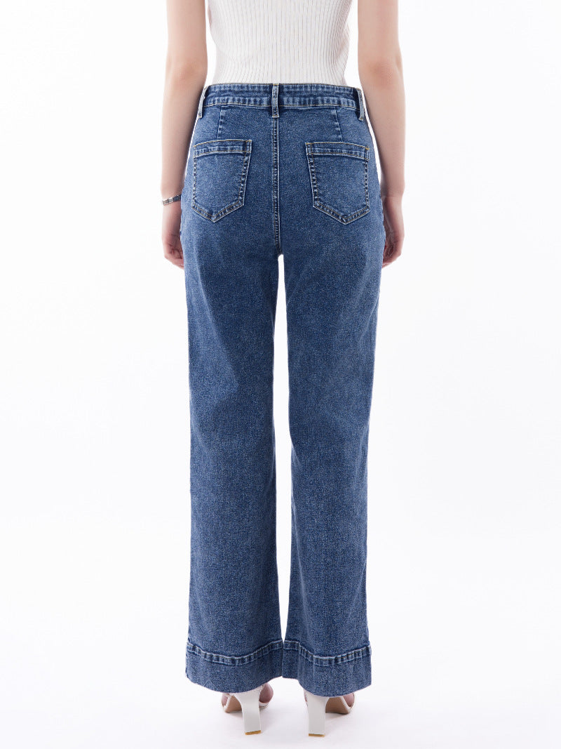High Waist Patch Pocket Wide Leg Jeans - Blue - 2
