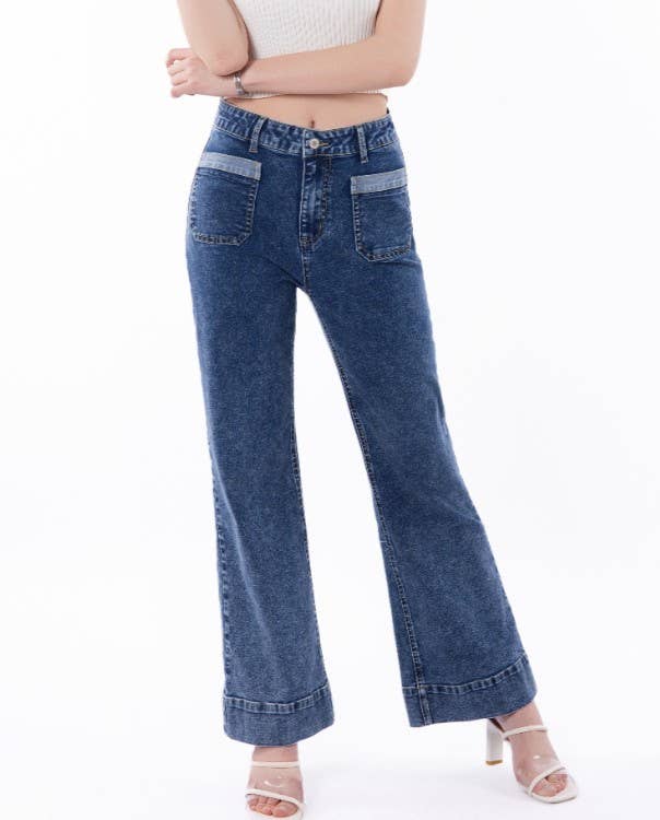 High Waist Patch Pocket Wide Leg Jeans