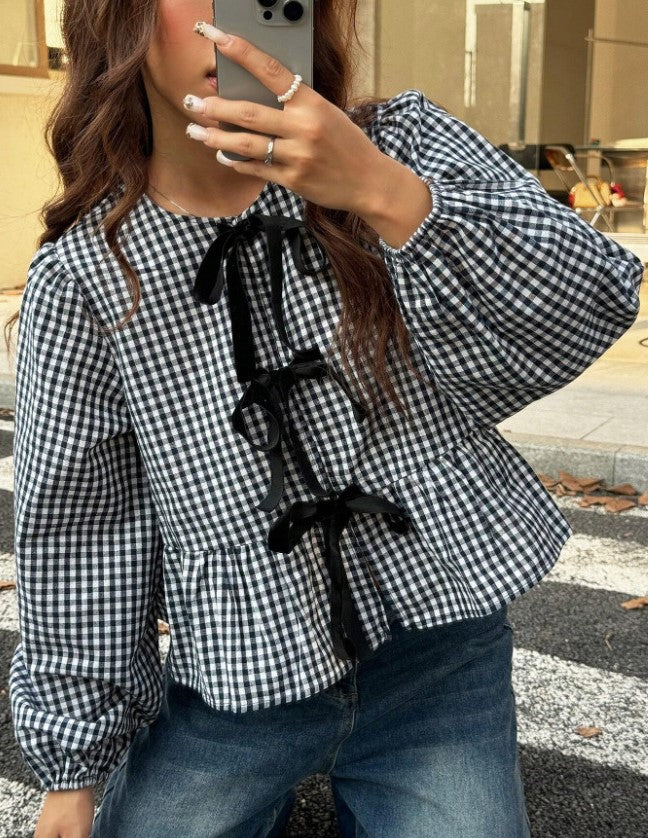 Gingham Velvet Bow Tie Front Blouse - Black