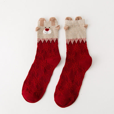 Reindeer 3D Ear Knit Winter Socks - WineRed