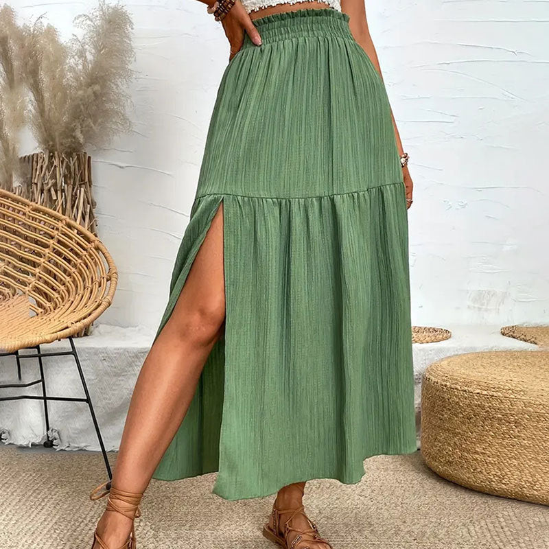 High Slit Tiered Crinkle Maxi Skirt - Green