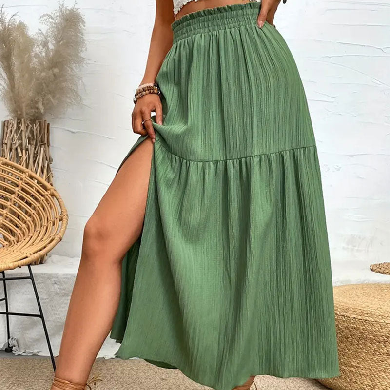High Slit Tiered Crinkle Maxi Skirt - Green - 1