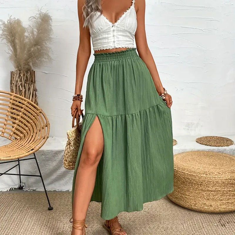 High Slit Tiered Crinkle Maxi Skirt - Green - 2