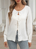 Tie Front Bow Ribbed Knit Cardigan - White