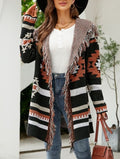 Fringed Hood Southwestern Pattern Knit Cardigan - Black