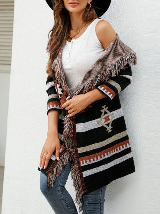 Fringed Hood Southwestern Pattern Knit Cardigan - Black - 1