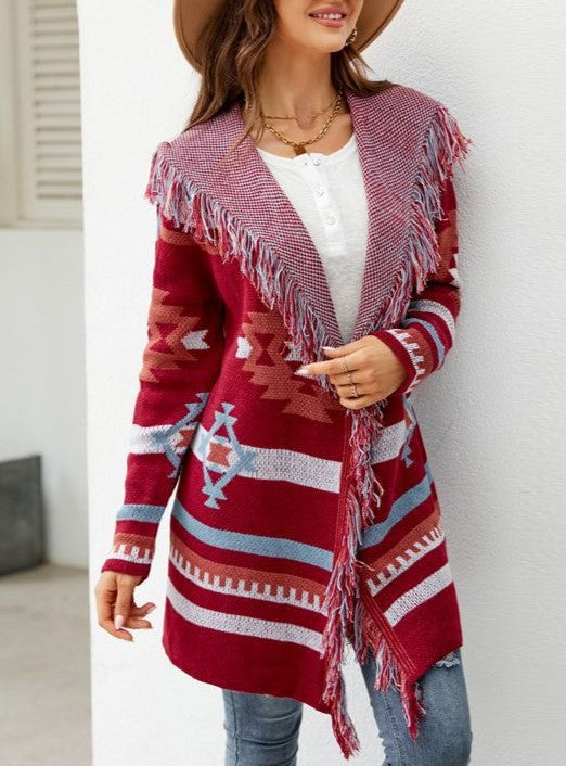 Fringed Hood Southwestern Pattern Knit Cardigan - Red - 1