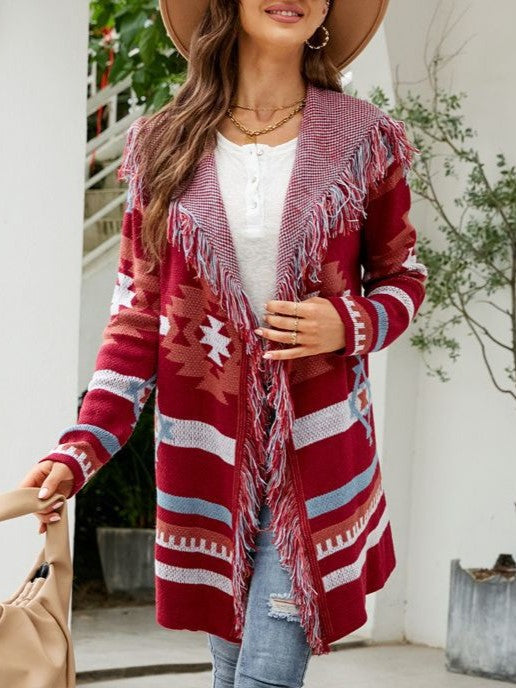 Fringed Hood Southwestern Pattern Knit Cardigan