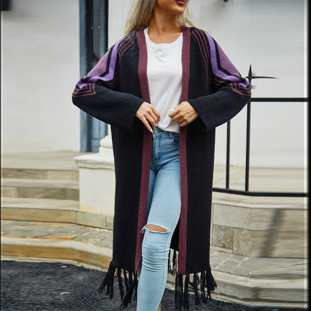 Chevron Sleeve Fringe Hem Longline Cardigan - Black
