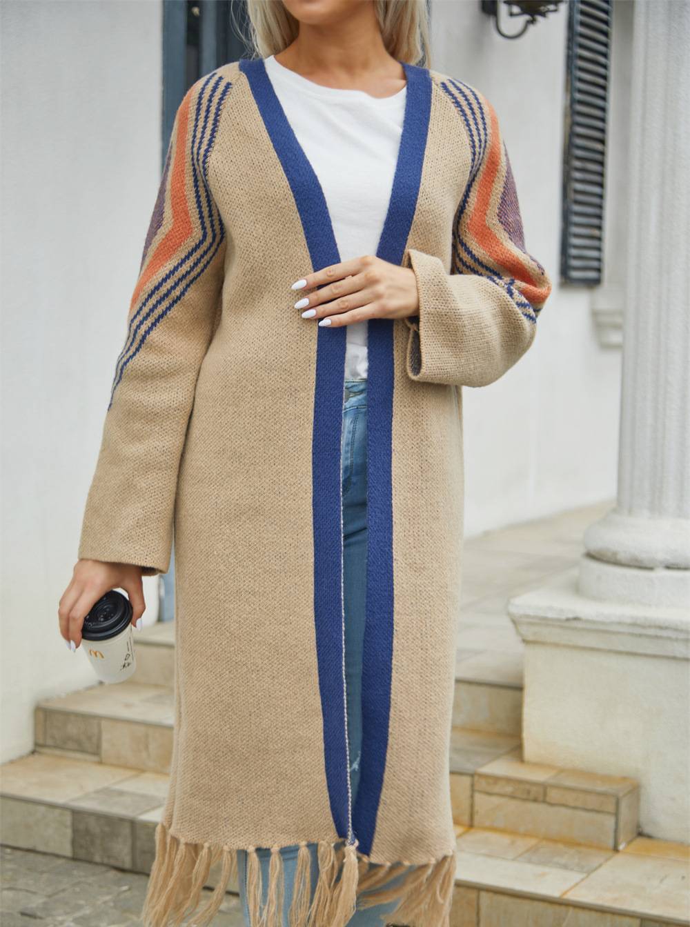 Chevron Sleeve Fringe Hem Longline Cardigan - Khaki