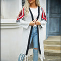 Chevron Sleeve Fringe Hem Longline Cardigan - White