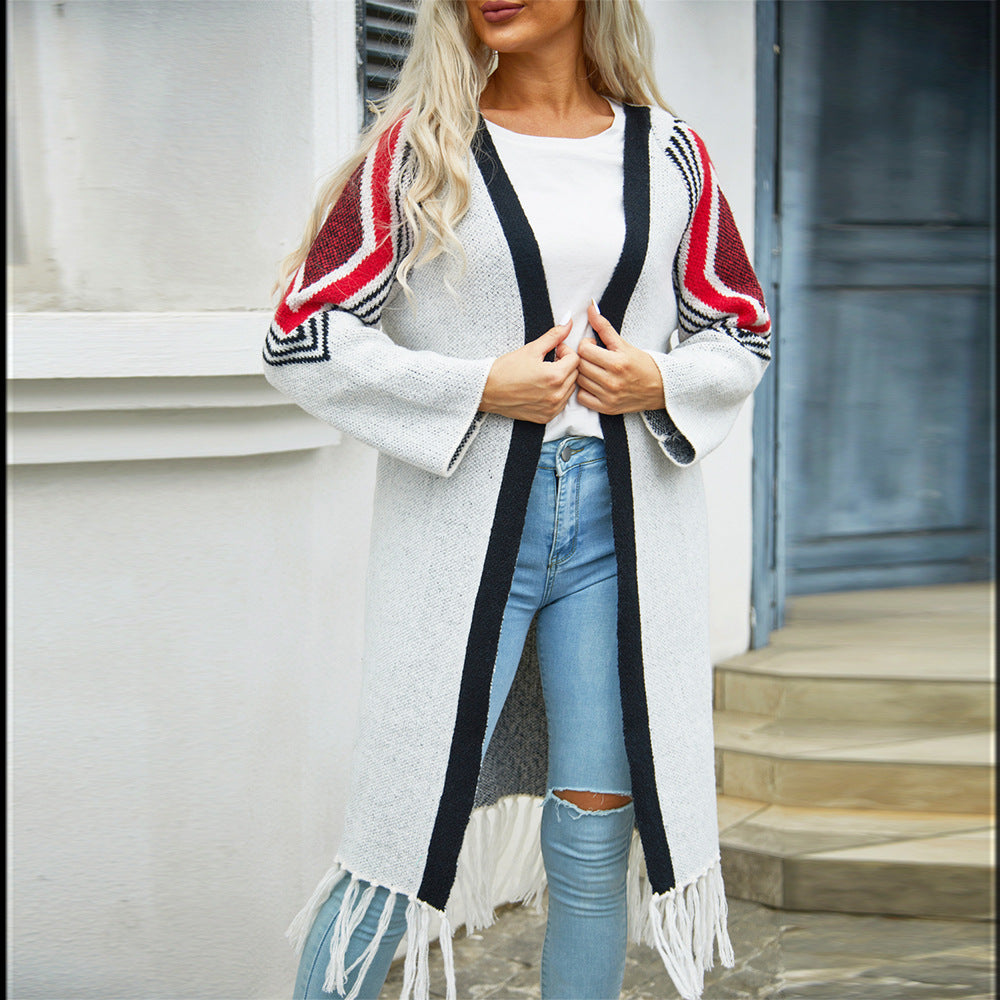 Chevron Sleeve Fringe Hem Longline Cardigan - White