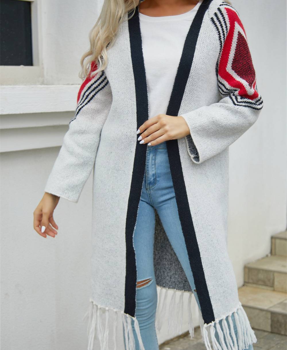 Chevron Sleeve Fringe Hem Longline Cardigan - White - 1