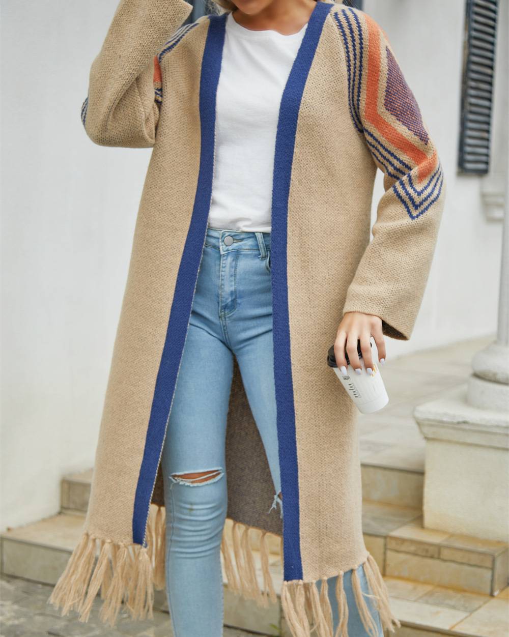 Chevron Sleeve Fringe Hem Longline Cardigan - view 1