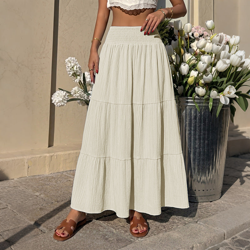 Textured Tiered Maxi Skirt With Elastic Waist - Apricot