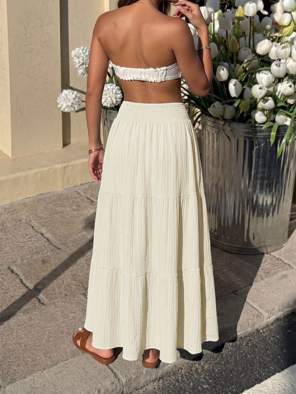 Textured Tiered Maxi Skirt With Elastic Waist - Apricot - 1